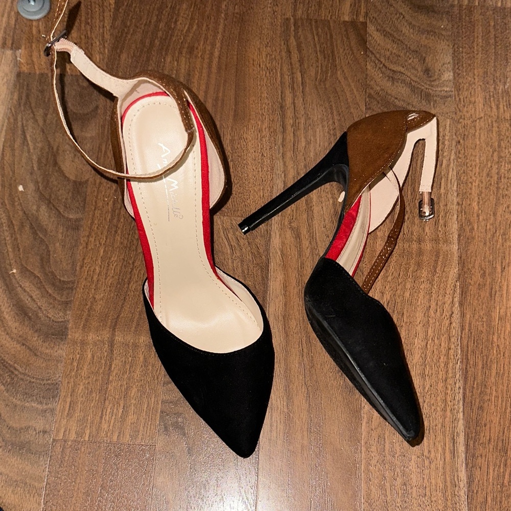 Anne Michelle Black and Brown Heels with Red Accents